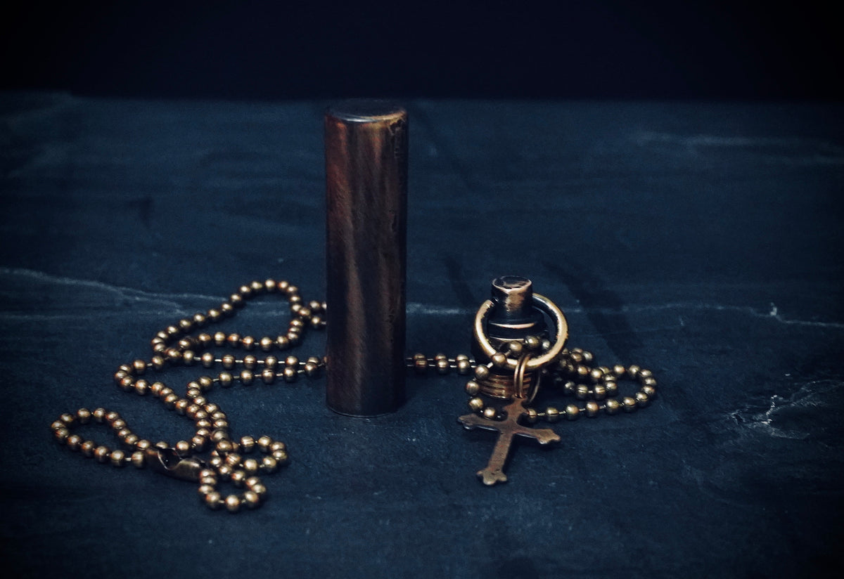 Brass Capsule Pendant: Distressed Vial Necklace with Cross Charm