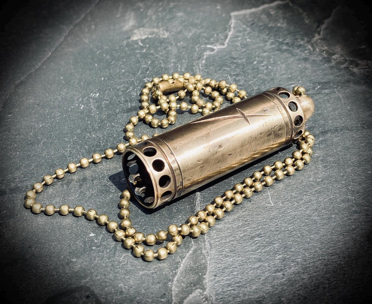 Aged Solid Brass Small Pill Vial Distressed Shotgun Shell Capsule Stash Urn Engraved Cross Pendant & Matching Ball Chain Necklace