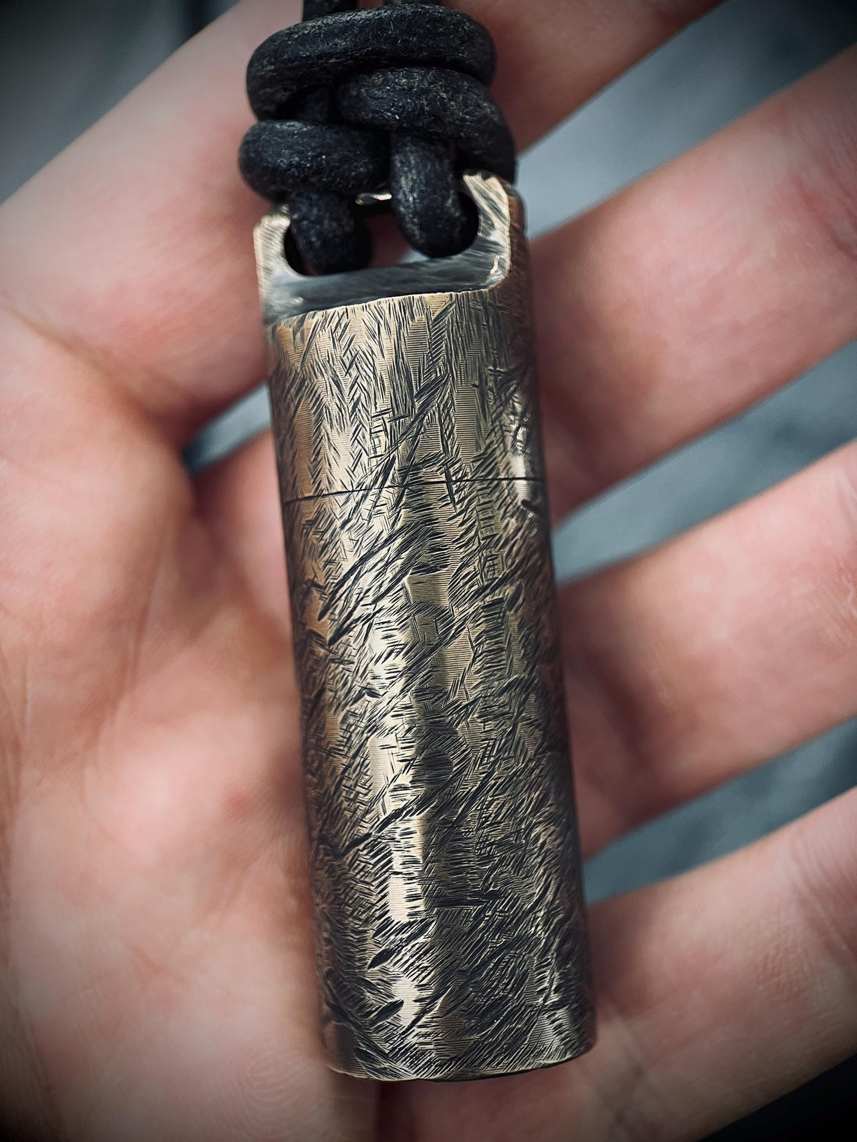 Large Rustic Brass Pill Vial Necklace: Distressed Capsule Stash Pendant with Leather Cord