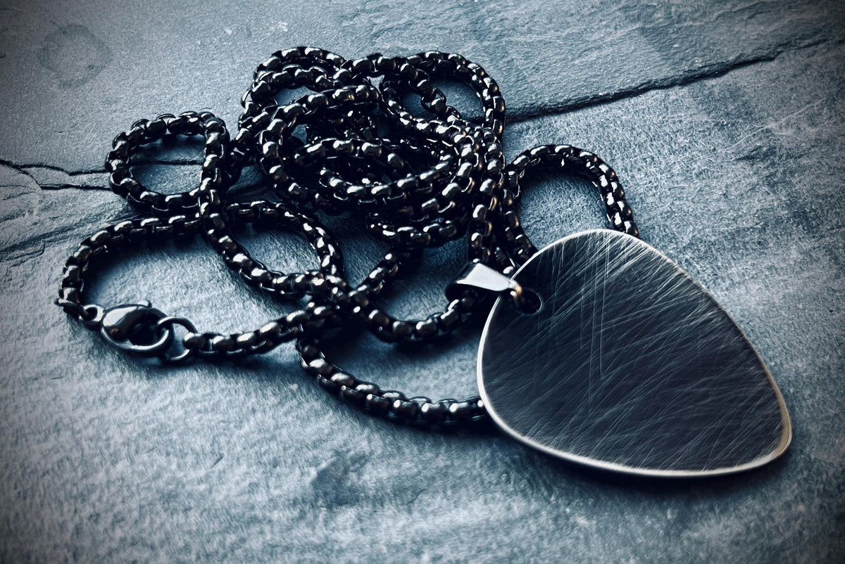 Minimalist Simple Brushed Stainless Steel Matte Black & Silver Guitar Pick Pendant with Matching Ball Chain Necklace / Guitarist / Musician