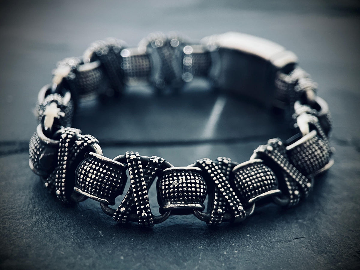 Oxidized Stainless Steel X-Link Bracelet: Chunky Rustic Mens Jewelry