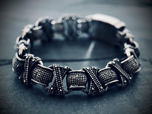 Oxidized Stainless Steel X-Link Bracelet: Chunky Rustic Mens Jewelry