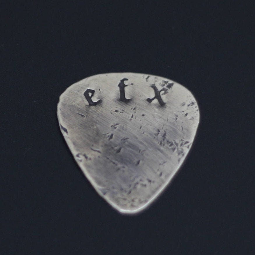 Custom Engraved Distressed Brass Guitar Pick, Old English Font