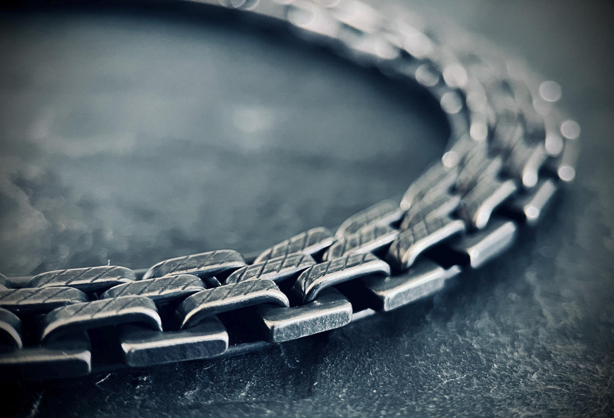 Brutalist Oxidised Stainless Steel Wide Thick Boxy Chunky Heavy Link Chain Bracelet - Mens
