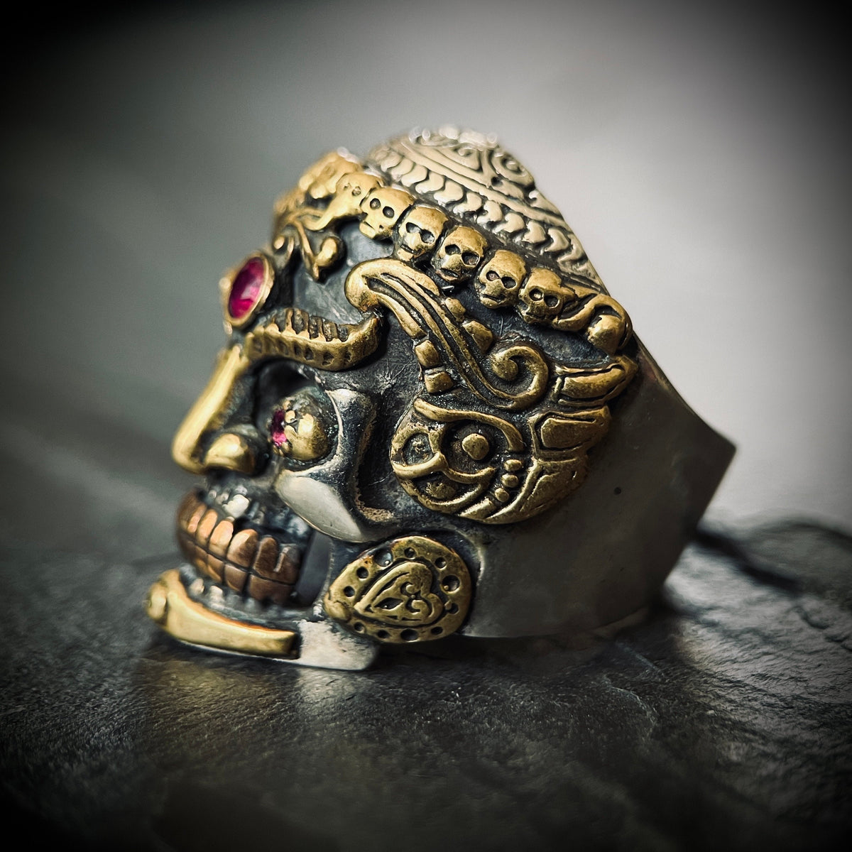 Sterling Silver Tibetan Skull Ring: Handmade Garnet Gemstone Eyes