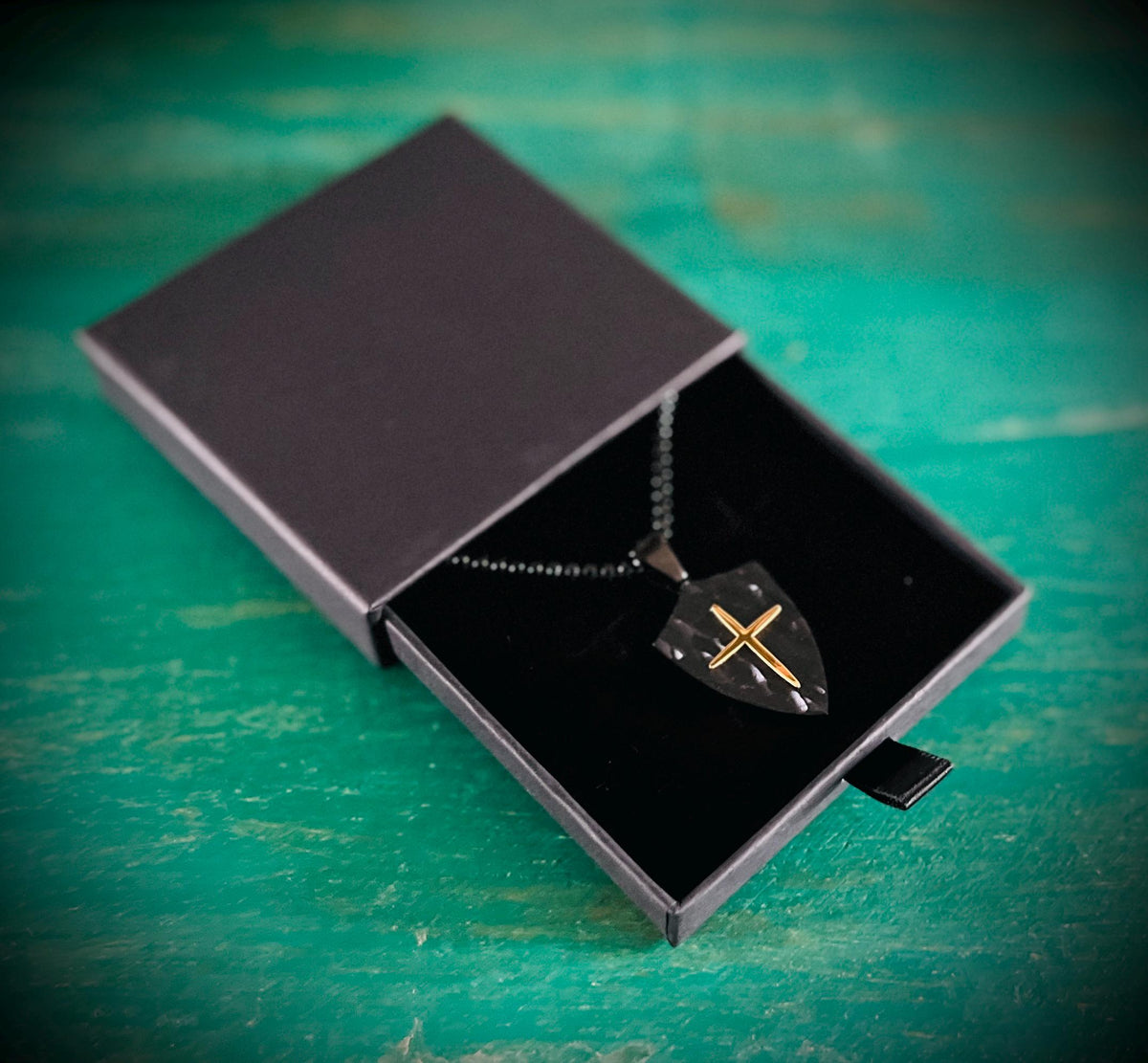 Rustic Hammered Black & Gold Stainless Steel Knight's Shield Cross Pendant - 24" Chain