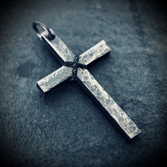 Rustic Hammered Textured 925 Sterling Silver Cross Crucifix Pendant: Distressed Oxidised Finish