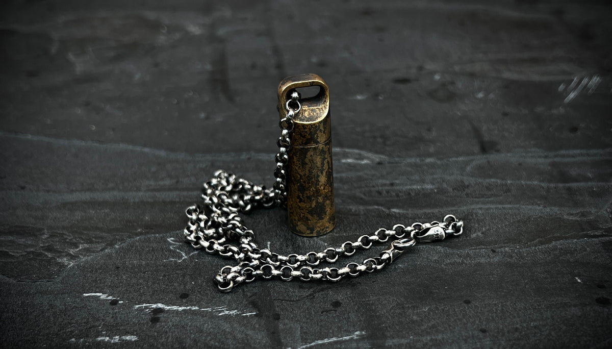 Distressed Brass Mini Shotgun Shell Stash Capsule Pendant & Sterling Silver Chain