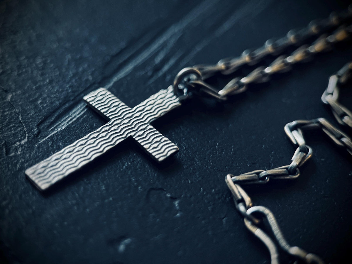 Small Rustic Minimalist Solid Sterling Silver 925 Cross Crucifix Pendant & Paperclip Cable Chain Necklace