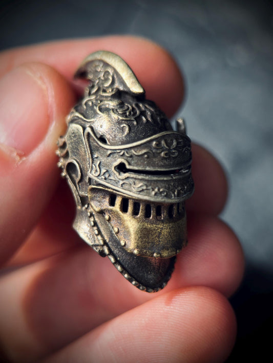 Ornate Highly Detailed Carved Distressed Aged White Brass Templar Knight Helmet Skull Pendant