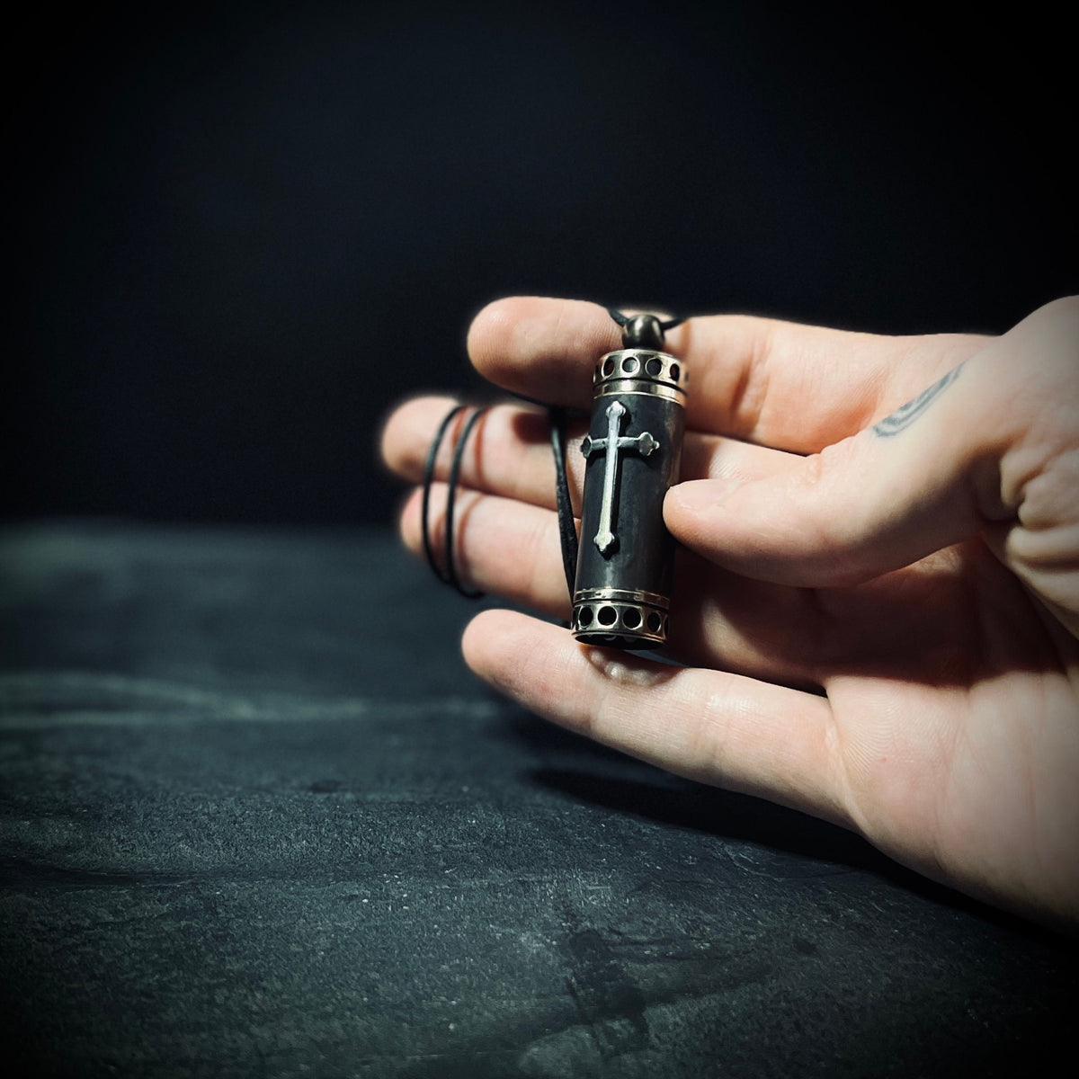 High Contrast Aged Solid Brass Small Pill Vial Distressed Shotgun Shell Capsule Stash Urn Cross Pendant & Matching Leather Cord Necklace