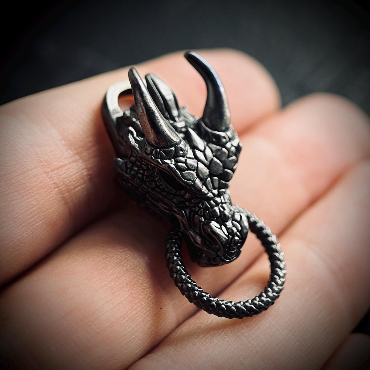 Black Oxidised Blackened Dark Steel Ornate Dragon Amulet Pendant