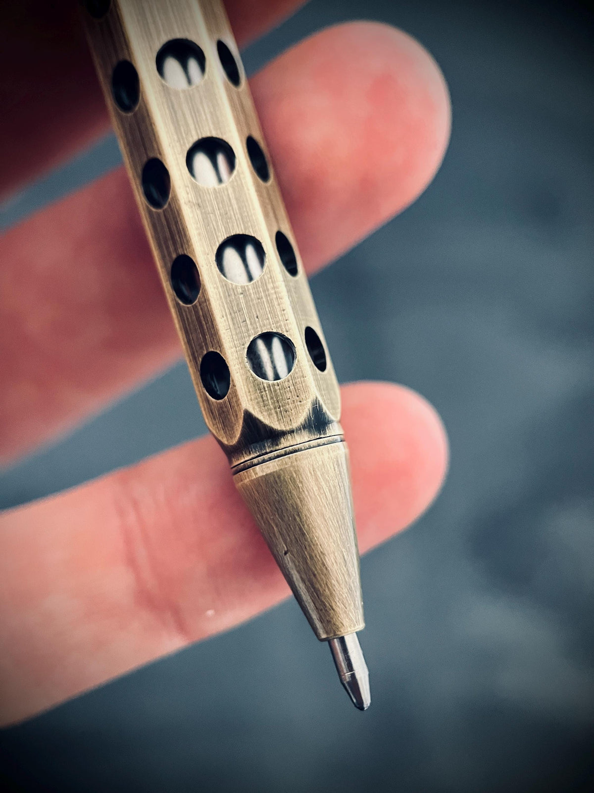 Distressed Bolt Action Oxidised Brass Pen with Grip and Keychain Loop | EDC
