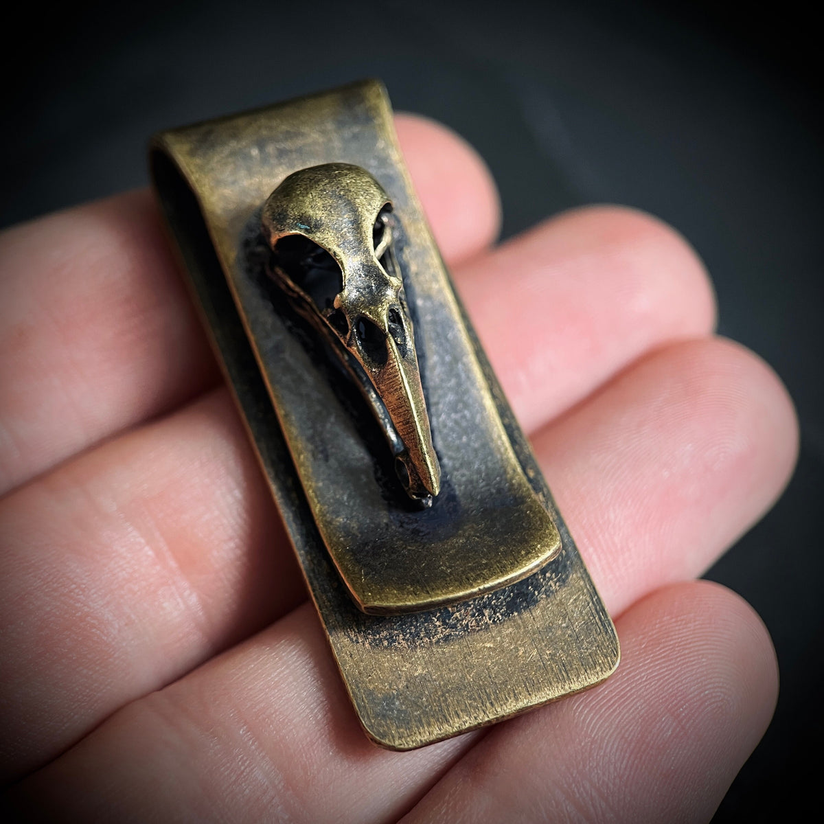 Vintage Distressed Style Solid Brass Crow Bird Skull Money Clip Holder / Wallet