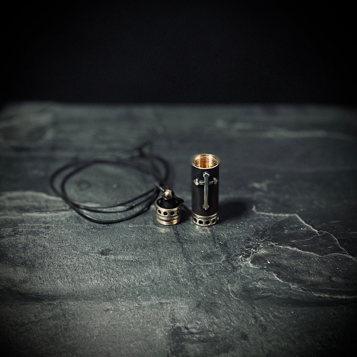 High Contrast Aged Solid Brass Small Pill Vial Distressed Shotgun Shell Capsule Stash Urn Cross Pendant & Matching Leather Cord Necklace