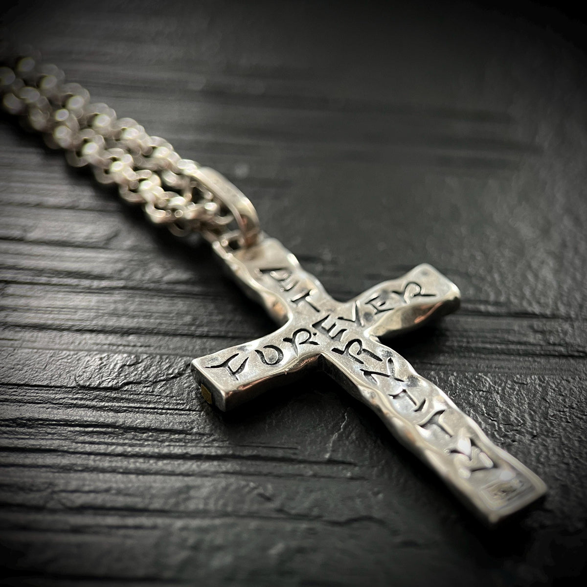 Hammered Sterling Silver Rustic Cross Pendant with Brass Inlay with 24" Rolo Chain