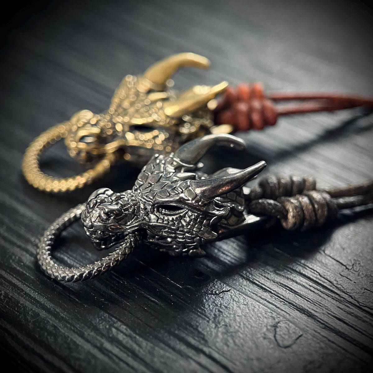 Oxidised Rustic Black & Gold Dragon Head Charm Amulet Pendant with Leather Cord Necklace