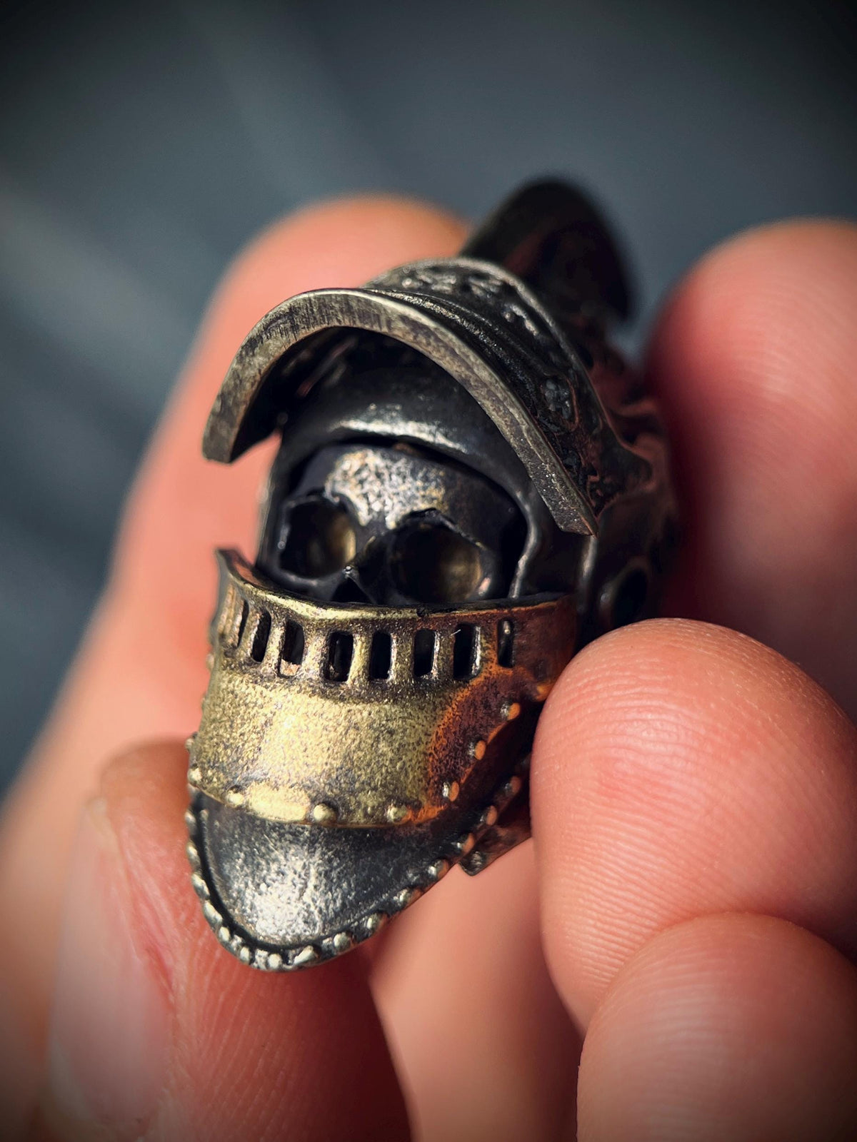 Ornate Highly Detailed Carved Distressed Aged White Brass Templar Knight Helmet Skull Pendant