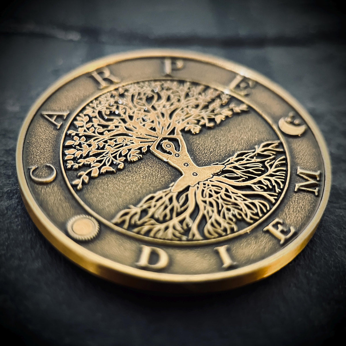 Lucky Ornate Carpe Diem Memento Mori Double Sided Tree of Life Coin | Accessory | Anxiety Relief | Fidget | Everyday Carry | Spirituality