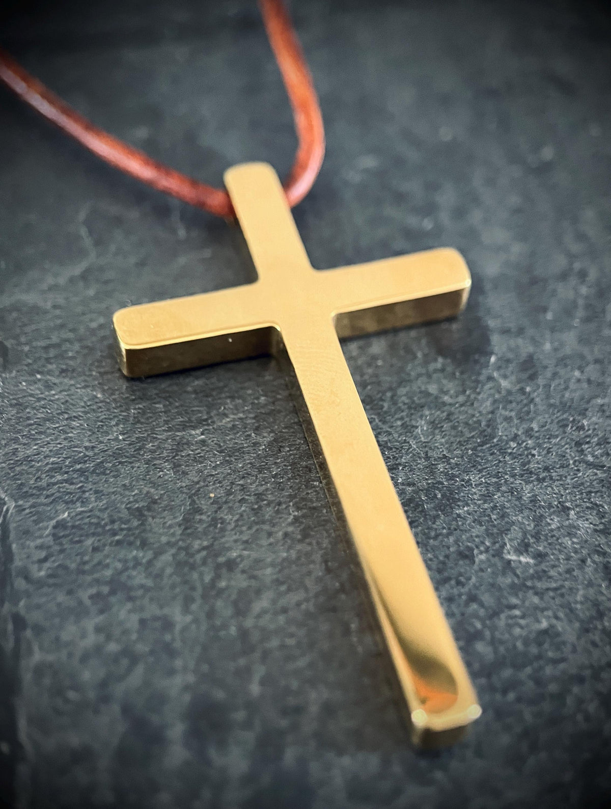 Gold Stainless Steel Cross Necklace with Rustic Brown Leather Cord