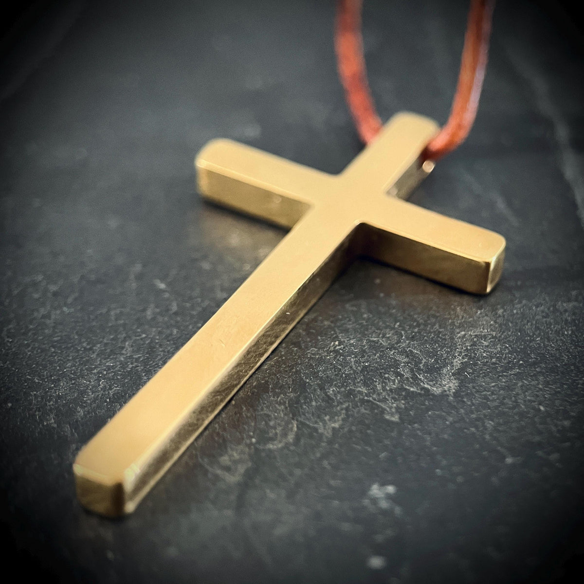 Gold Stainless Steel Cross Necklace with Rustic Brown Leather Cord