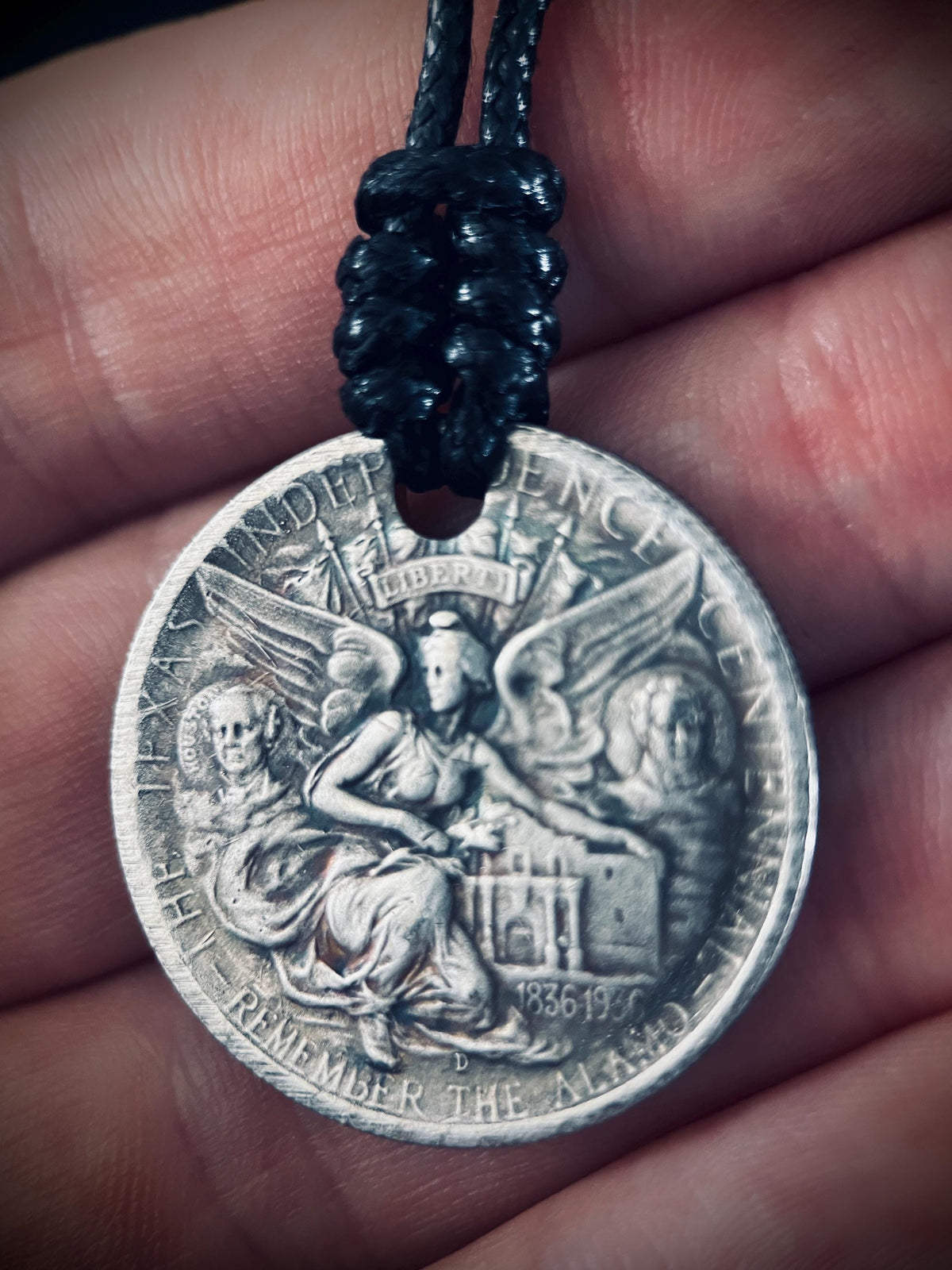 Ornate Rustic Silver Angel Medallion Pendant with Black Adjustable Cord Necklace