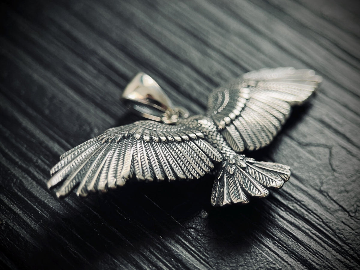 Oxidised Rustic Blackened 925 Solid Sterling Silver Winged Crow Bird Pendant