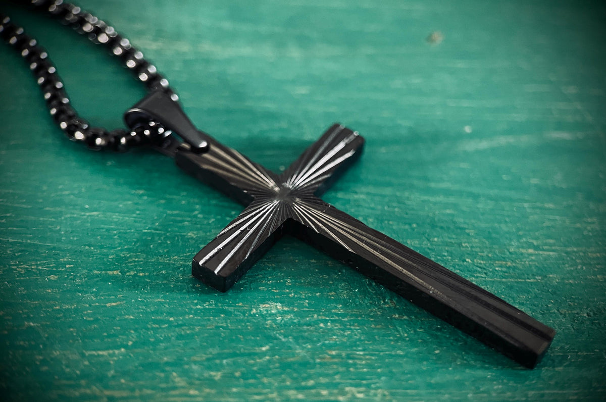 Black Stainless Steel Ornate Engraved Pattern Cross Pendant & Necklace - Boxy Style