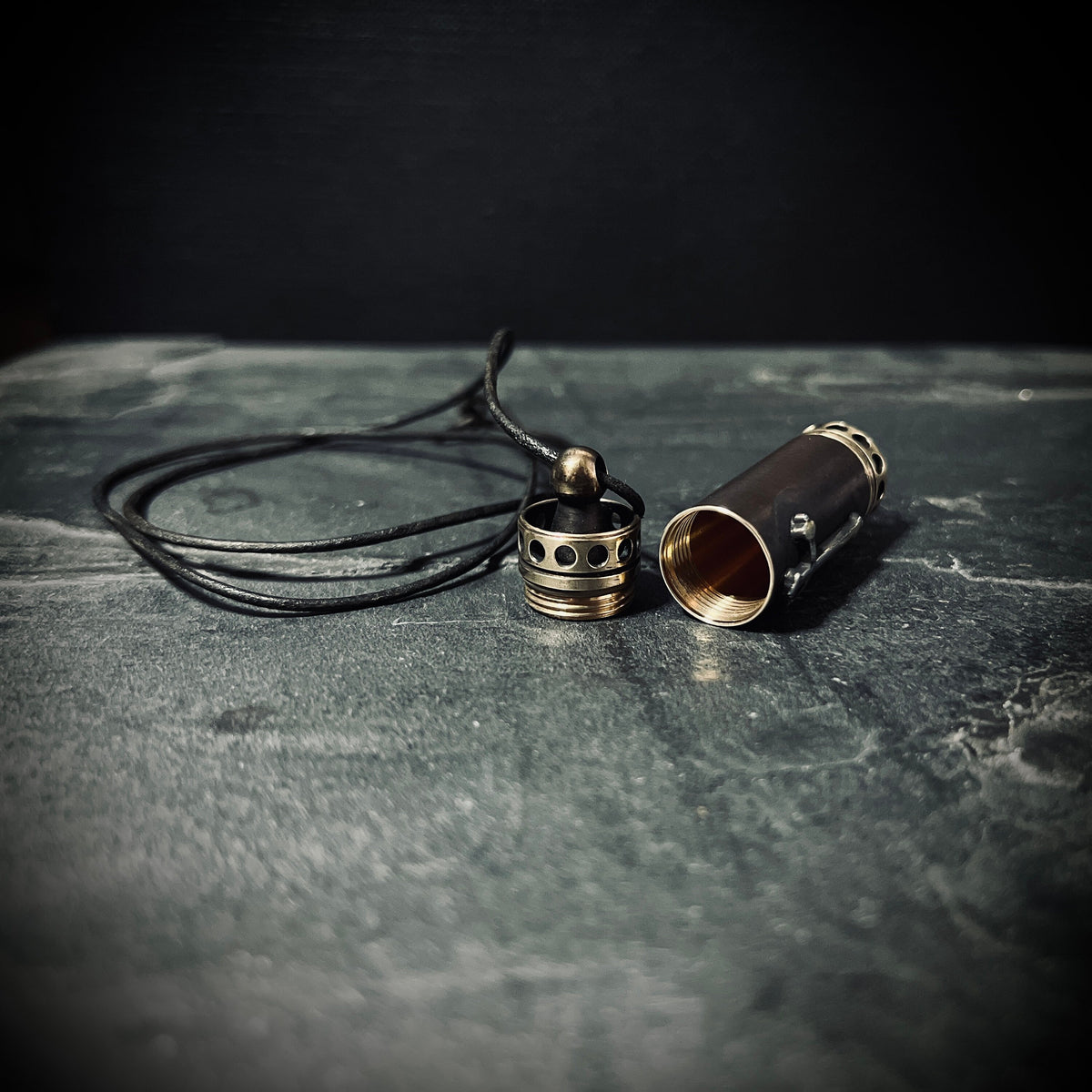High Contrast Aged Solid Brass Small Pill Vial Distressed Shotgun Shell Capsule Stash Urn Cross Pendant & Matching Leather Cord Necklace