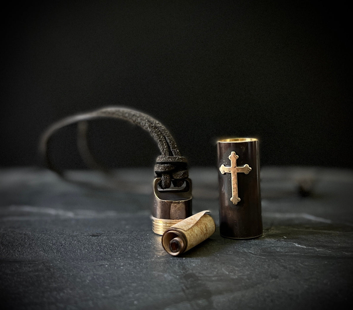 Rustic Brass Shotgun Shell Stash Capsule Necklace - Large Cross Crucifix Pendant