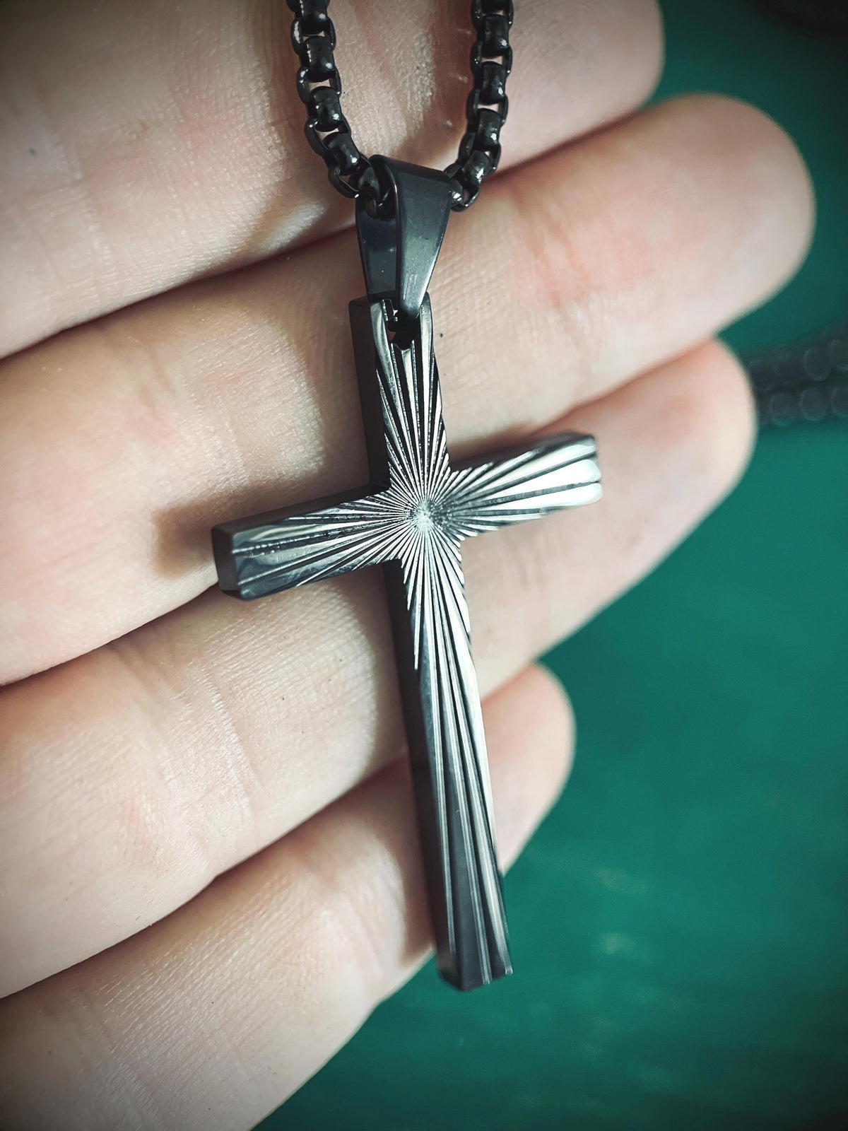 Black Stainless Steel Ornate Engraved Pattern Cross Pendant & Necklace - Boxy Style