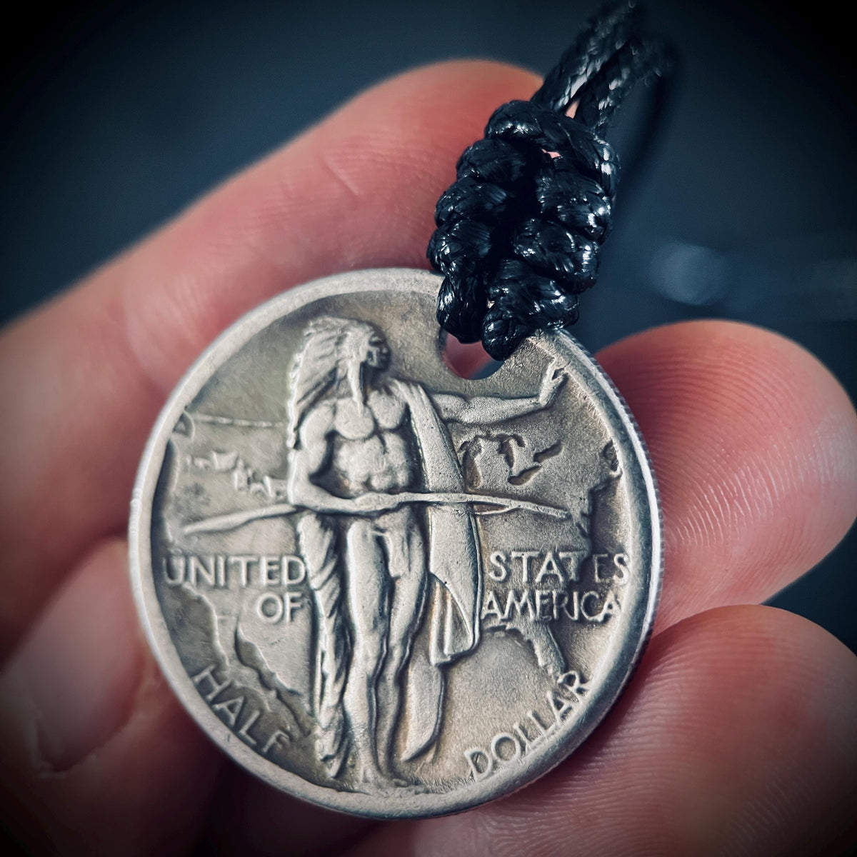 Ornate Rustic Silver Native Warrior Medallion Pendant with Black Adjustable Cord Necklace