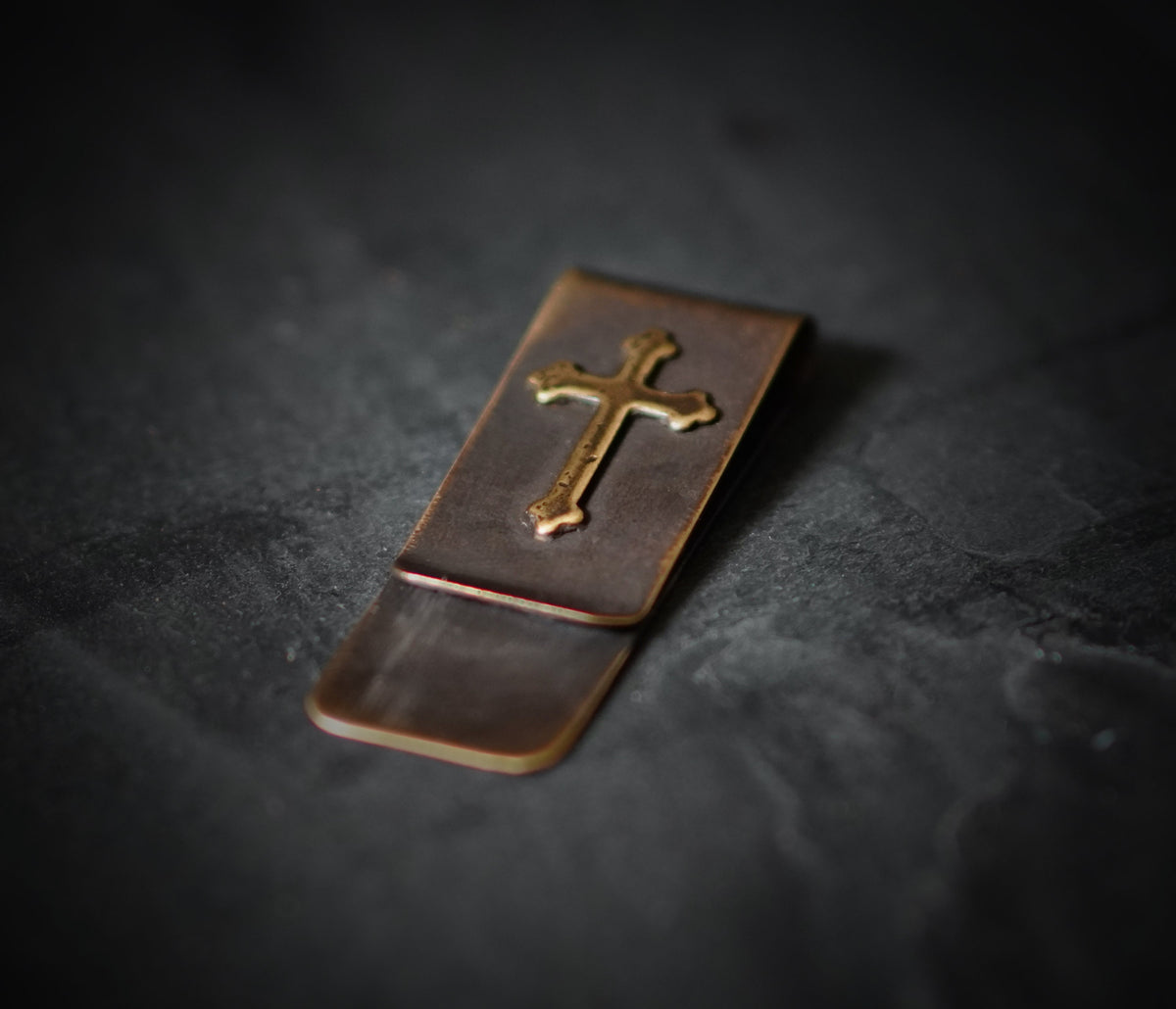 Handmade Distressed Brass Money Clip: Oxidized Cross Crucifix Design